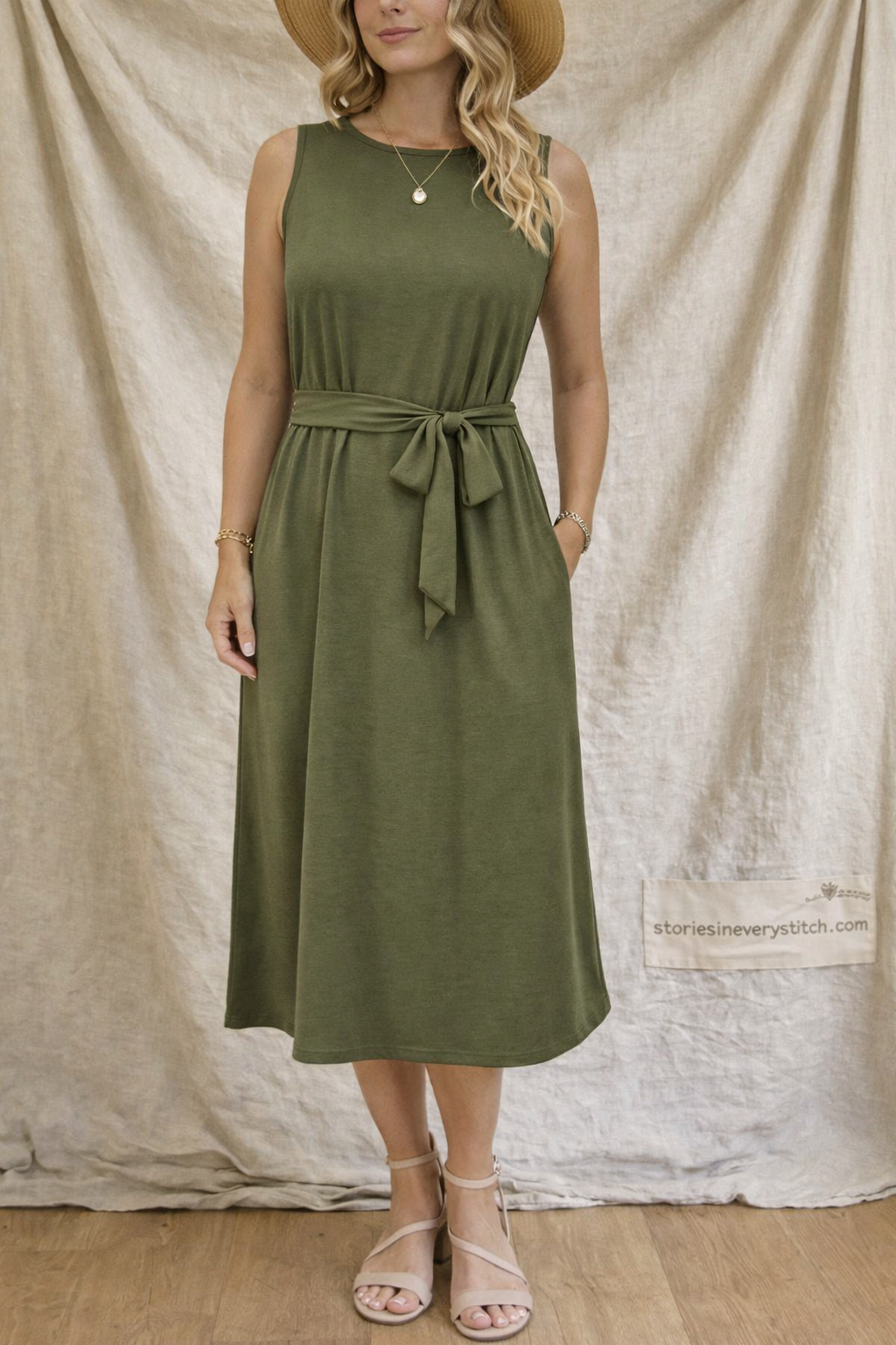 Classic Tie-Waist Sleeveless Midi Dress