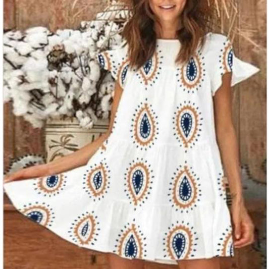 Women's Printed Dress With Ruffled Short Sleeves Plus Size Skirt