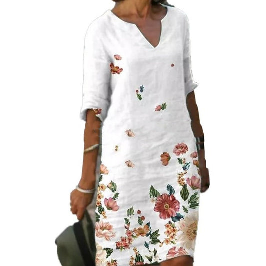 Summer Printed Loose Bamboo Fiber Linen Floral Short Sleeve Women's Dress