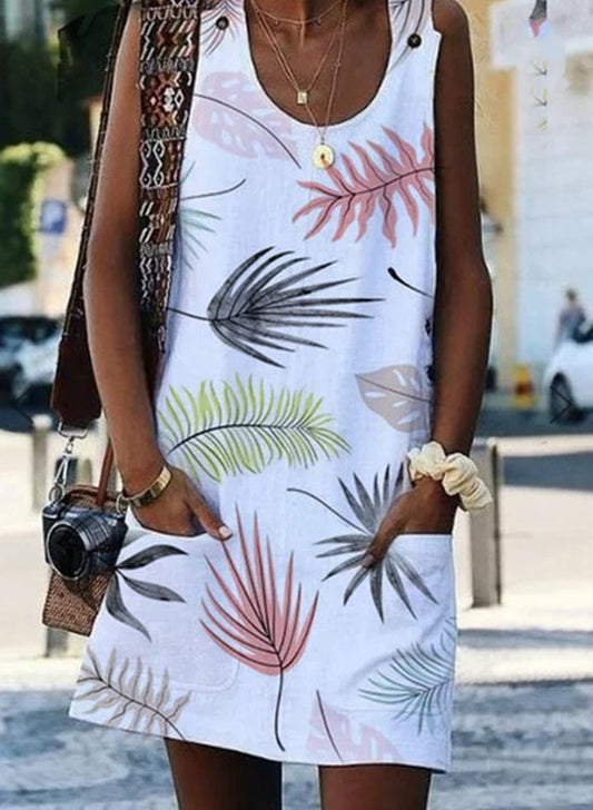 Summer Women's Leaf Flower Button Pocket Dress