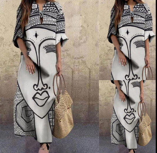 Fashion Face Print Loose Plus Size Dress
