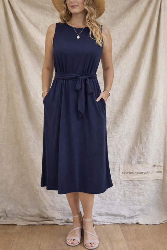 Classic Tie-Waist Sleeveless Midi Dress
