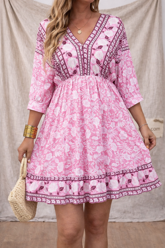 Boho Floral V-Neck Empire Waist Mini Dress