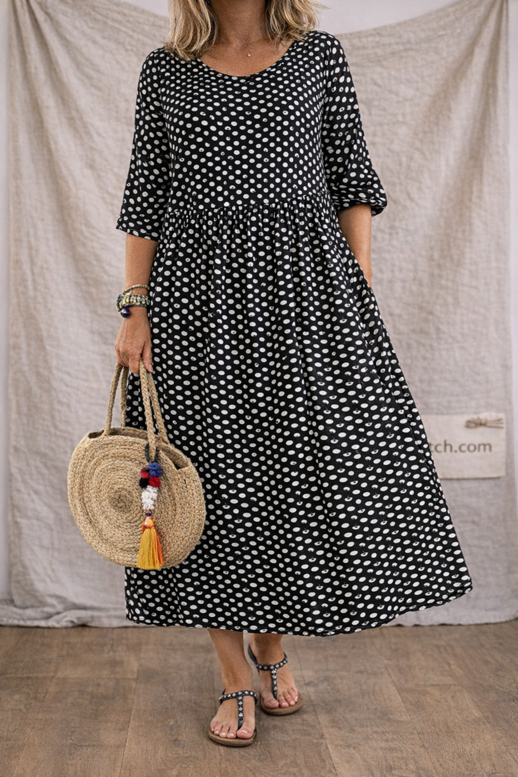 Polka Dot Relaxed Midi Dress with Pockets