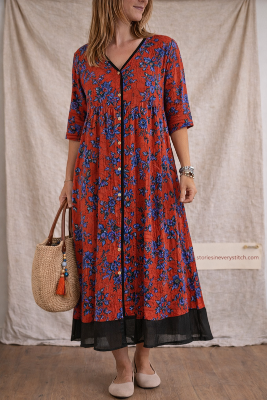 Vintage Bloom Button-Front Maxi Dress