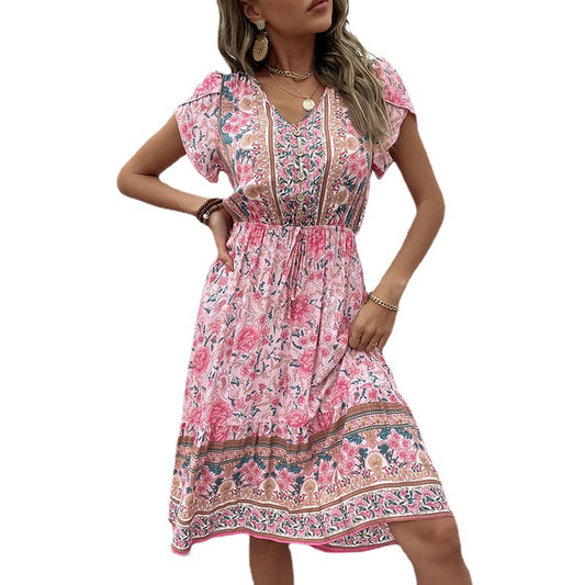 V-Neck Print Dress Summer Casual Bohemian Bellflower Skirt