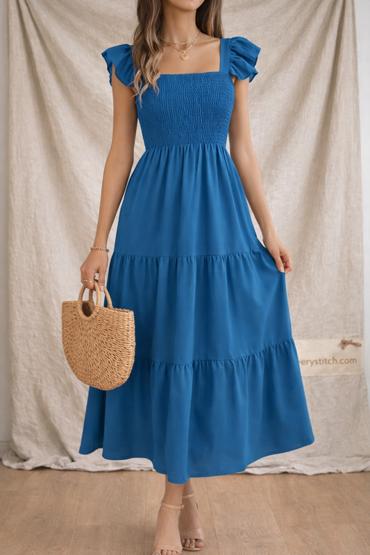 Smocked Short Sleeve Midi Dress