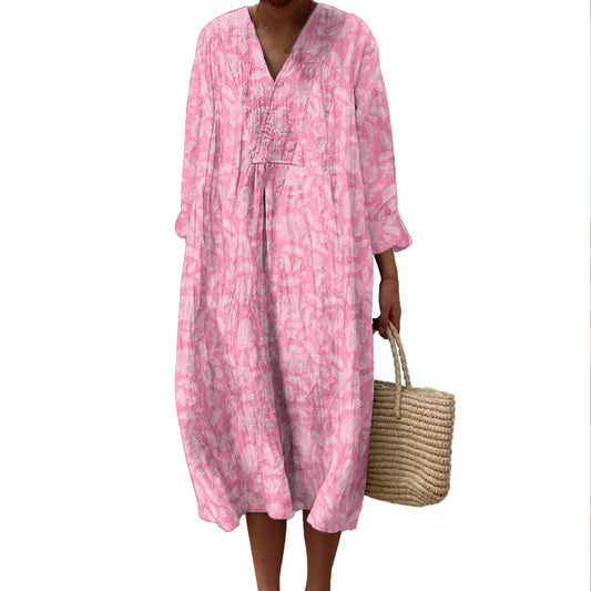 Women's Spring And Summer New Digital Printing Large Width V-neck Long-sleeve Dress