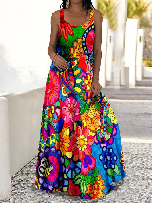 Women's Plus Size Floral Print Suspenders Floor-length Dress