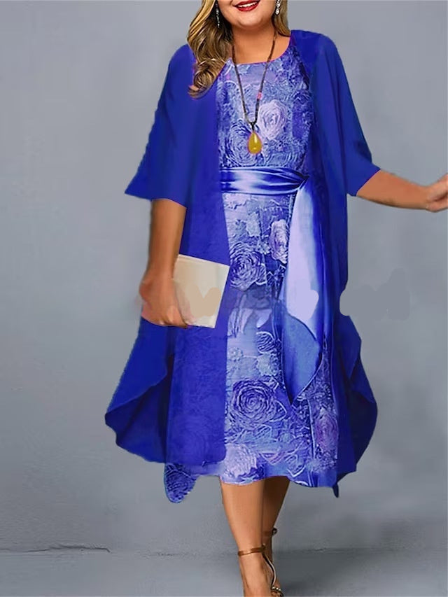 Long Sleeve Printed Round Neck Plus Size Dress Suit