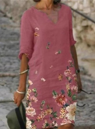 Summer Printed Loose Bamboo Fiber Linen Floral Short Sleeve Women's Dress