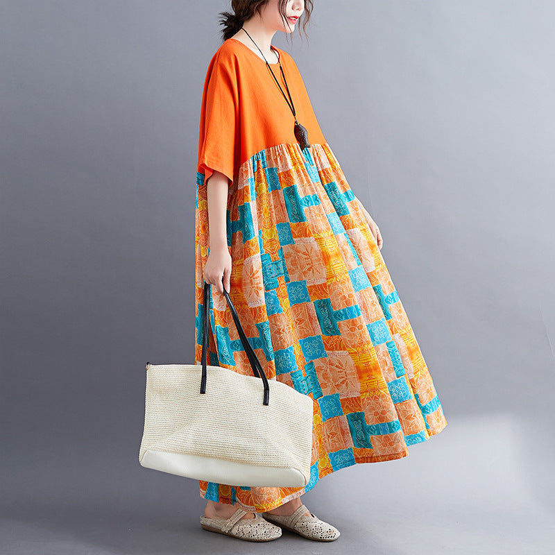 Literary Plus Fat Swing Loose Short Sleeve Dress