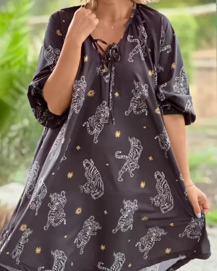 Women's V-neck Short Sleeve Printed Loose Casual Plus Size Dress