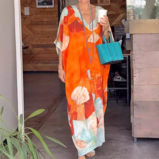 Asian Floral Print V-neck Plus Size Loose Dress