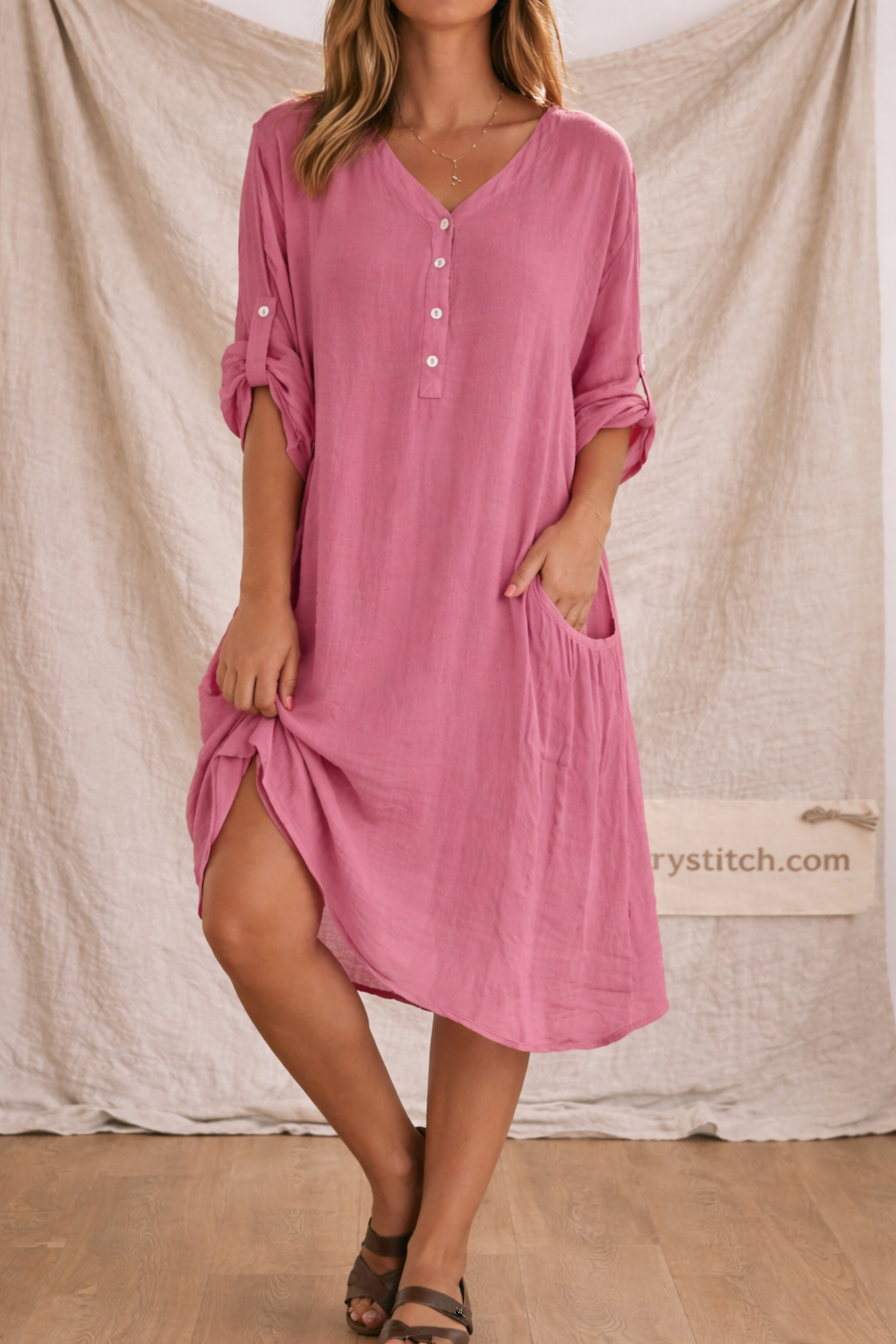 Relaxed Button V-Neck Pocket Dress
