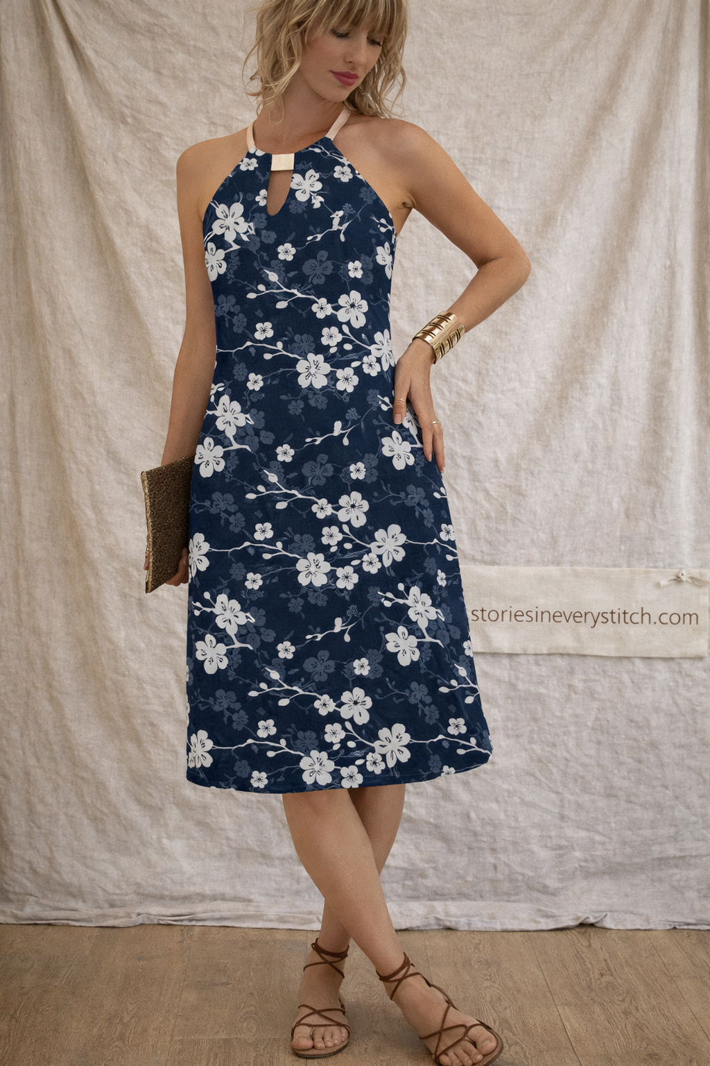 Floral Halter Neck Side-Slit Midi Dress
