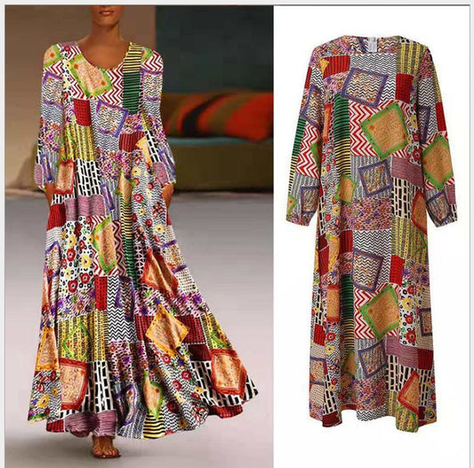 Patchwork Long-sleeved Plus Size Printed Bohemian Dress