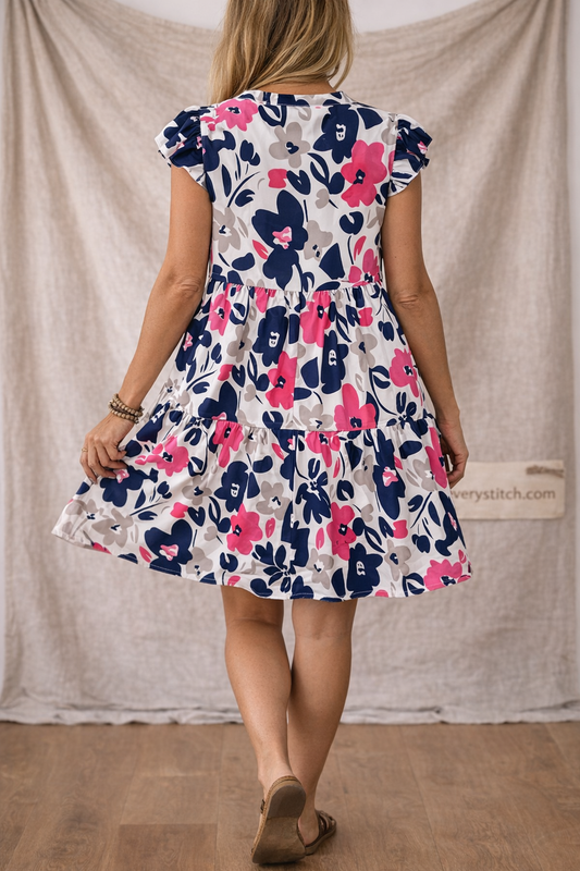 Floral Print Ruffle Sleeve Tiered Mini Dress