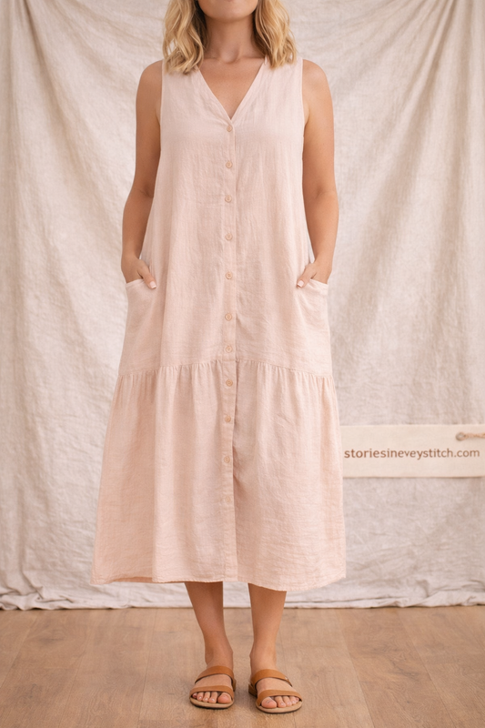 Sleeveless Midi Dress with V-Neck and Button Detail – Relaxed Flowy Fit