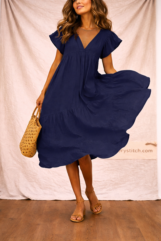 Flowy Midi Dress with V-Neck and Flutter Sleeves – Relaxed Flowy Fit