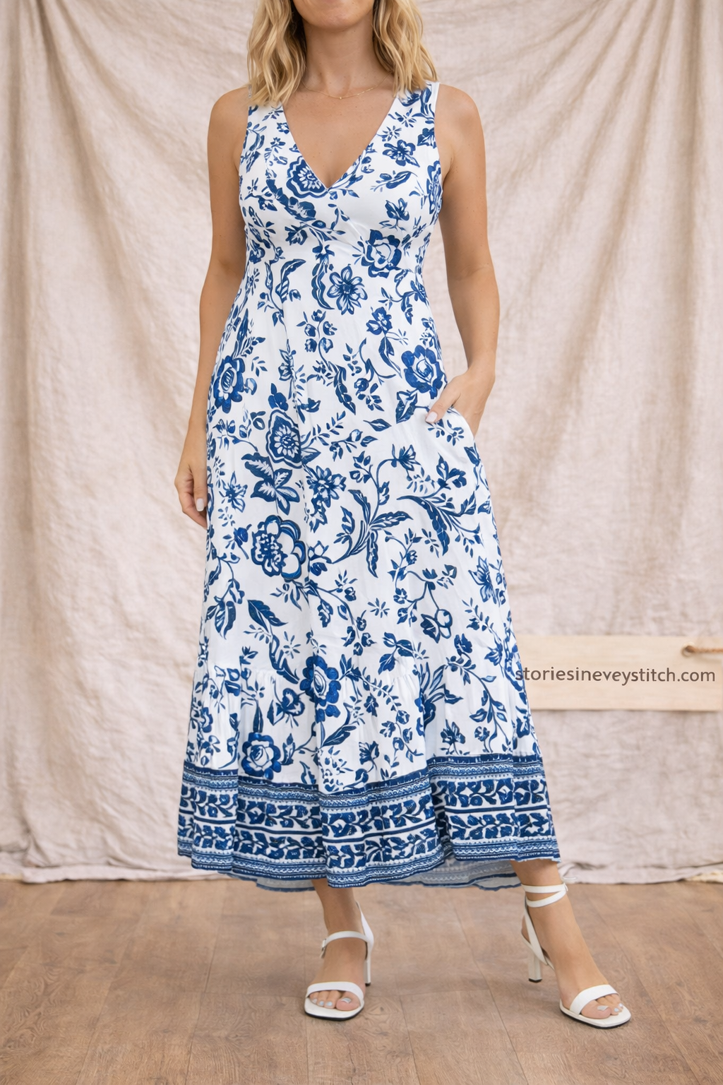 Floral Maxi Dress with Sleeveless V-Neck and Button Detail – Relaxed Flowy Fit