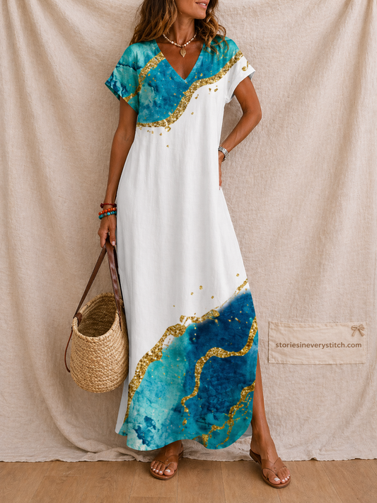 Gradient Floral Maxi Dress with Short Sleeves and V-Neck – Relaxed Flowy Fit