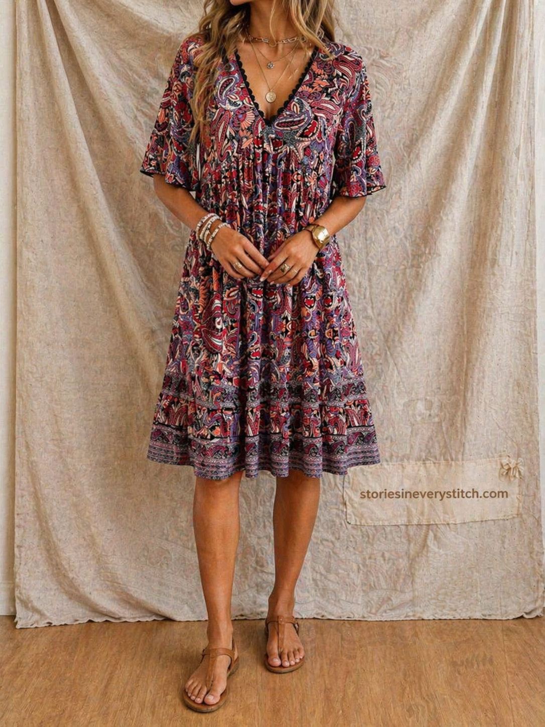 Boho Printed Mini Dress with V-Neck and Short Sleeves – Relaxed Flowy Fit
