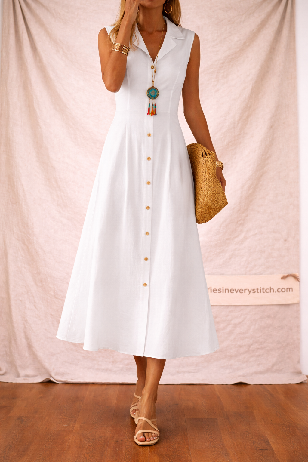 Button Front Midi Dress with Sleeveless V-Neck Design – Relaxed Flowy Fit