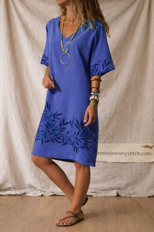 Leaf Print V-Neck Casual Shift Dress