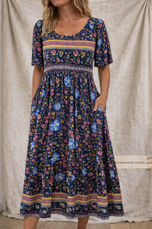 Boho Floral Smocked Midi Dress with Pockets – Relaxed Flowy Fit