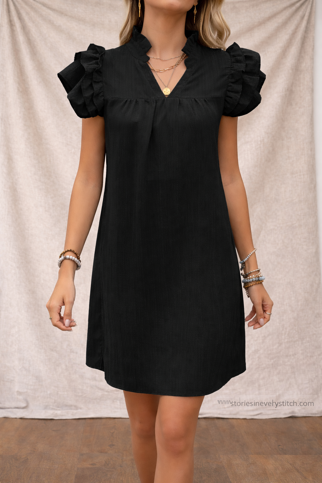 Women’s Ruffle Sleeve V-Neck Mini Dress – Casual Short Sleeve Summer Dress