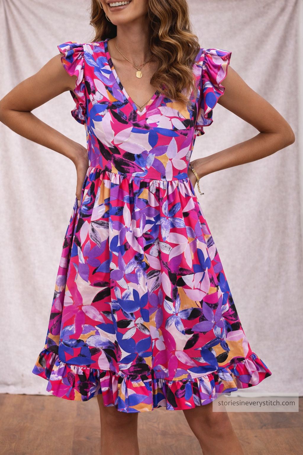 Women’s Floral Ruffle Sleeve Mini Dress – Casual V-Neck Summer A-Line Dress