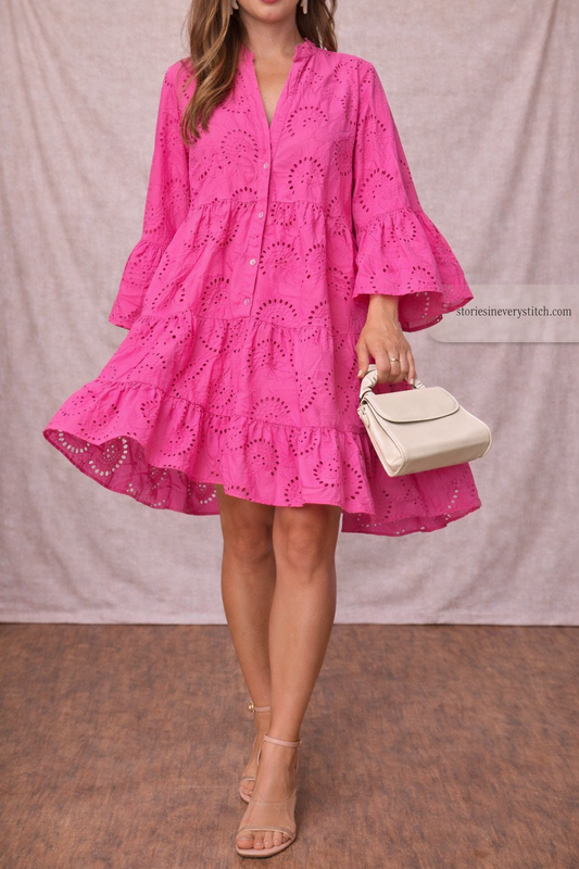 Women’s Boho Lace Mini Dress – V-Neck Long Sleeve Casual Summer Dress