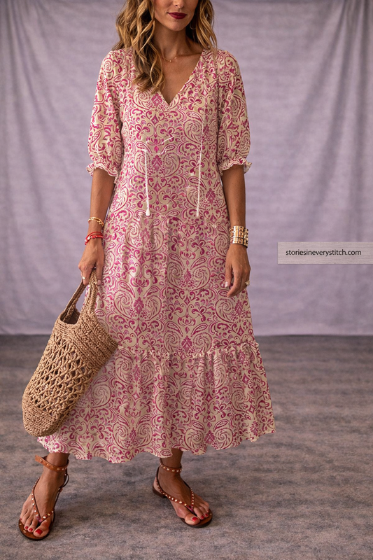 Women’s Boho Lace Maxi Dress – V-Neck Long Sleeve Tiered Summer Dress