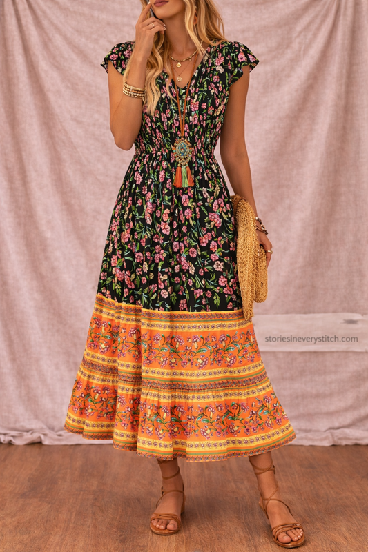 Women’s Boho Floral Maxi Dress – V-Neck Sleeveless Tiered Summer Dress
