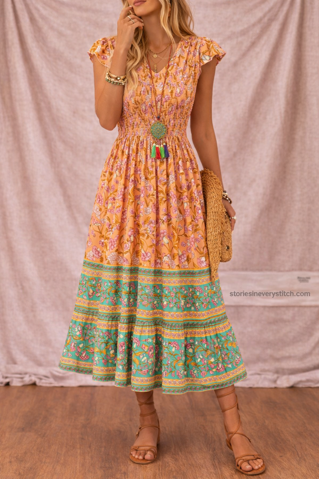 Women’s Boho Floral Maxi Dress – V-Neck Sleeveless Tiered Summer Dress