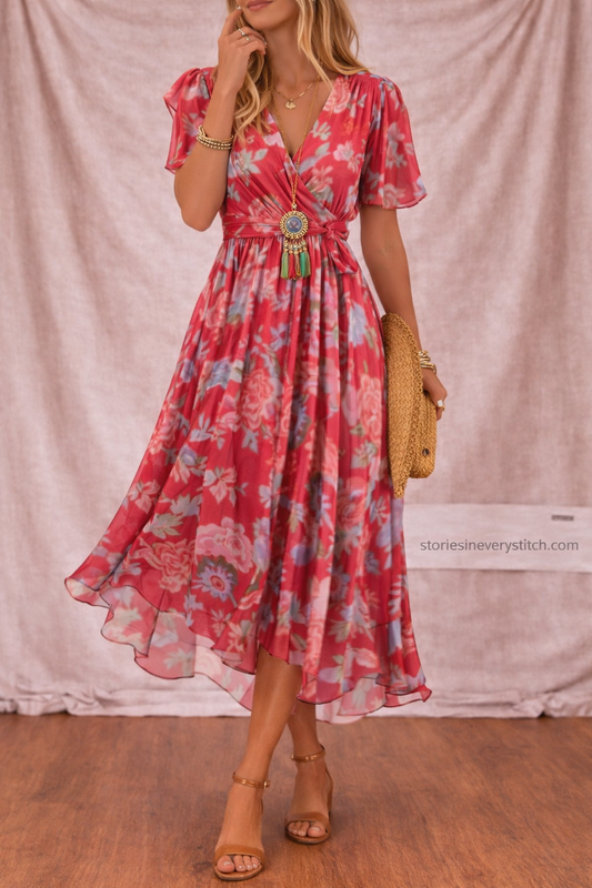 Women’s Boho Polka Dot Midi Dress – V-Neck Button Front Casual Summer Dress