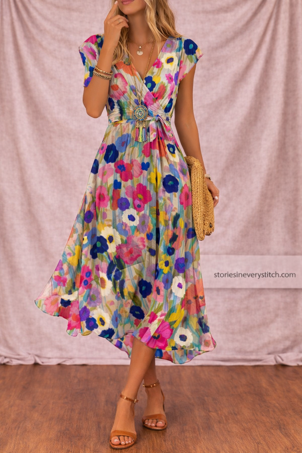 Women’s Boho Polka Dot Midi Dress – V-Neck Button Front Casual Summer Dress