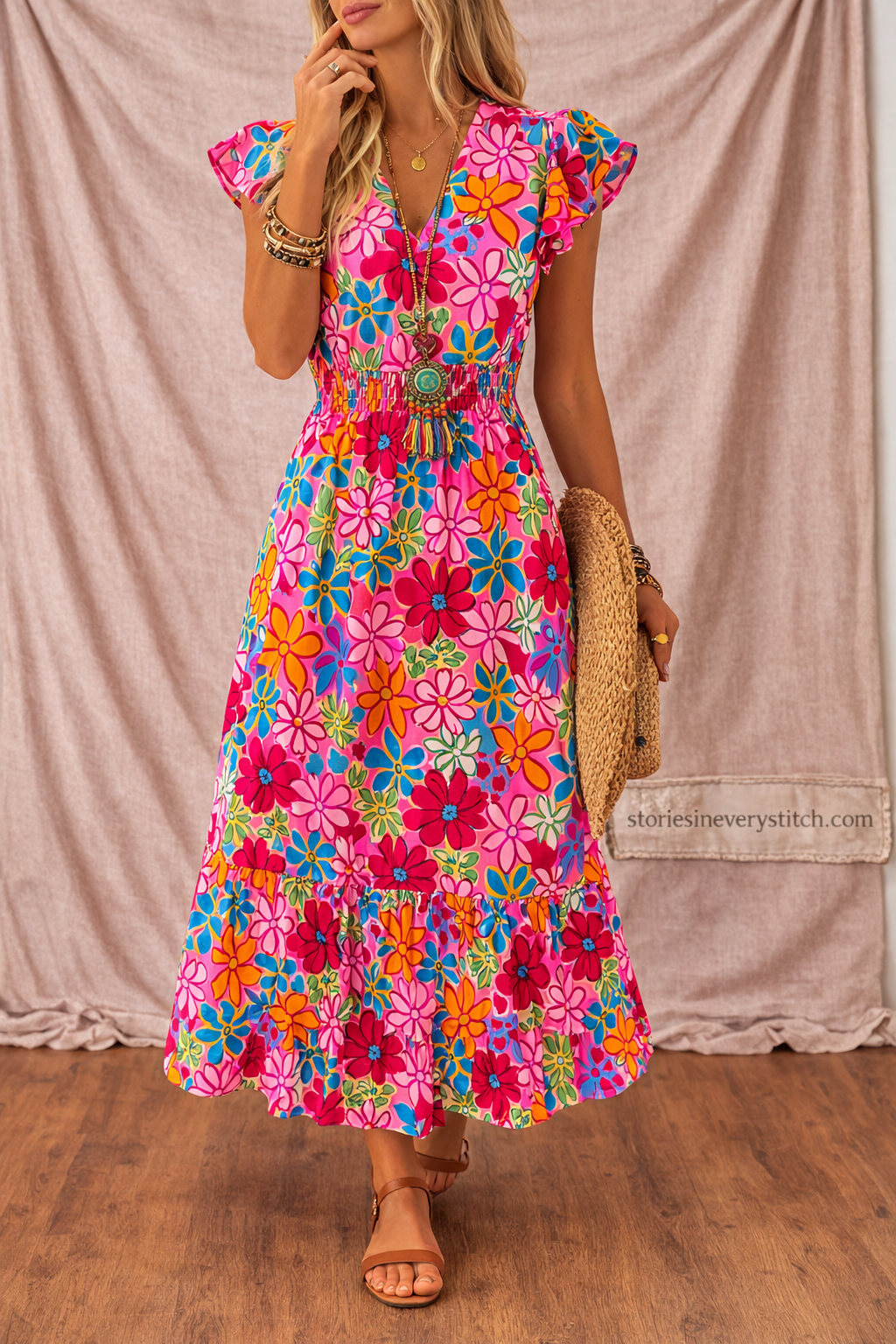 Women’s Floral V-Neck Maxi Dress – Sleeveless Boho Summer Dress