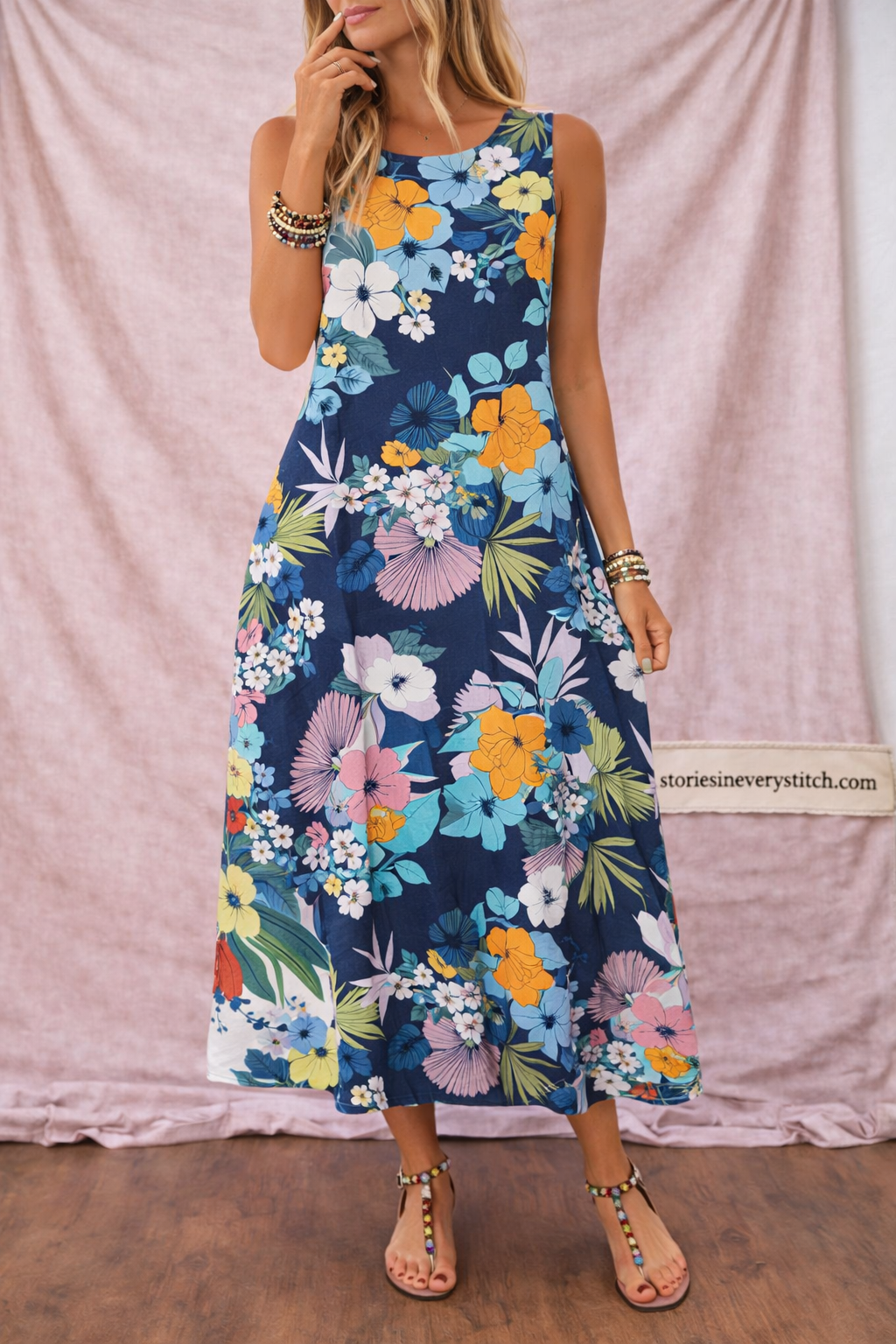 Women’s Floral Sleeveless Midi Dress – Casual Round Neck Summer Dress