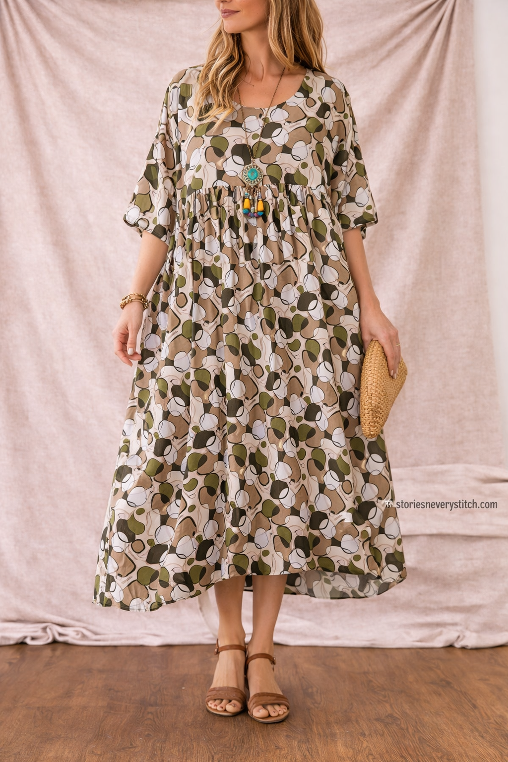 Printed Midi Dress with Flutter Sleeves and Round Neck – Relaxed Flowy Fit