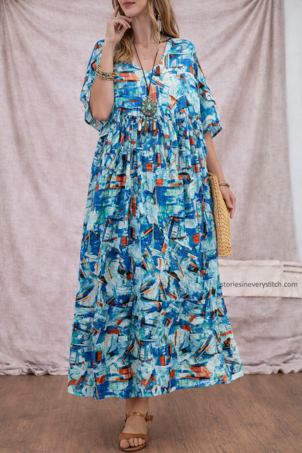 Boho Printed Maxi Dress with Short Sleeves and V-Neck – Relaxed Flowy Fit