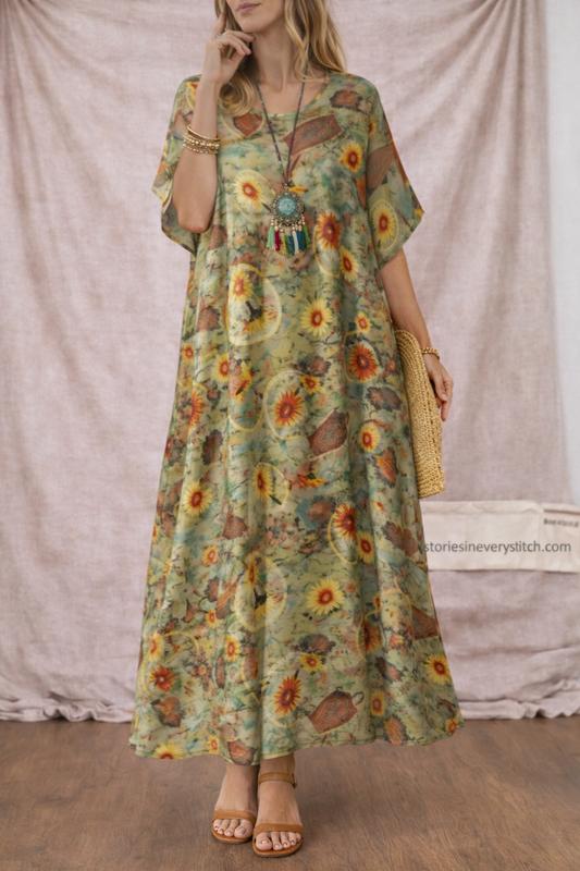 Women’s Vintage Floral Maxi Dress – Loose Short Sleeve Boho Summer Dress
