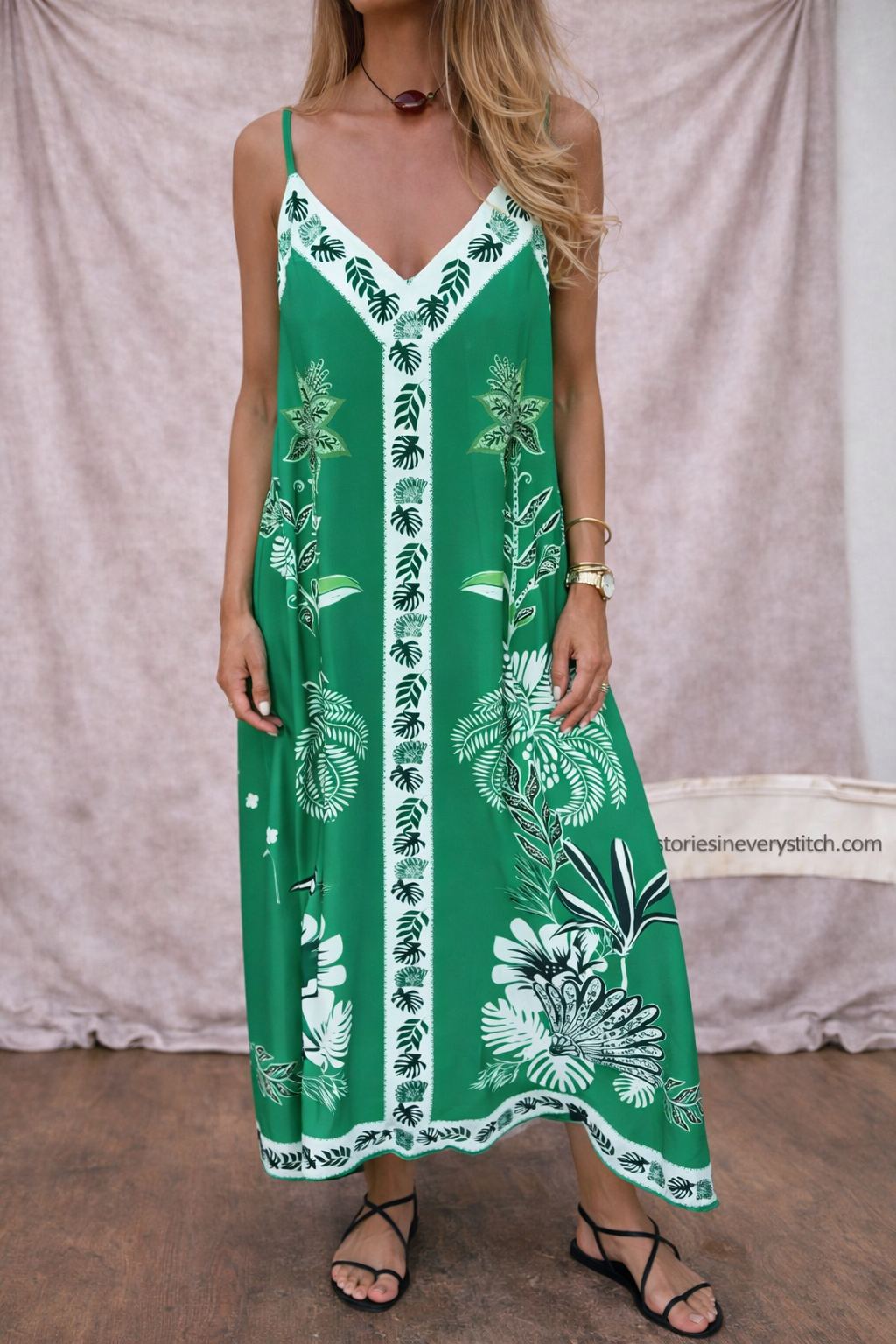 Women’s Boho Printed Maxi Dress – Spaghetti Strap V-Neck Summer Beach Dress