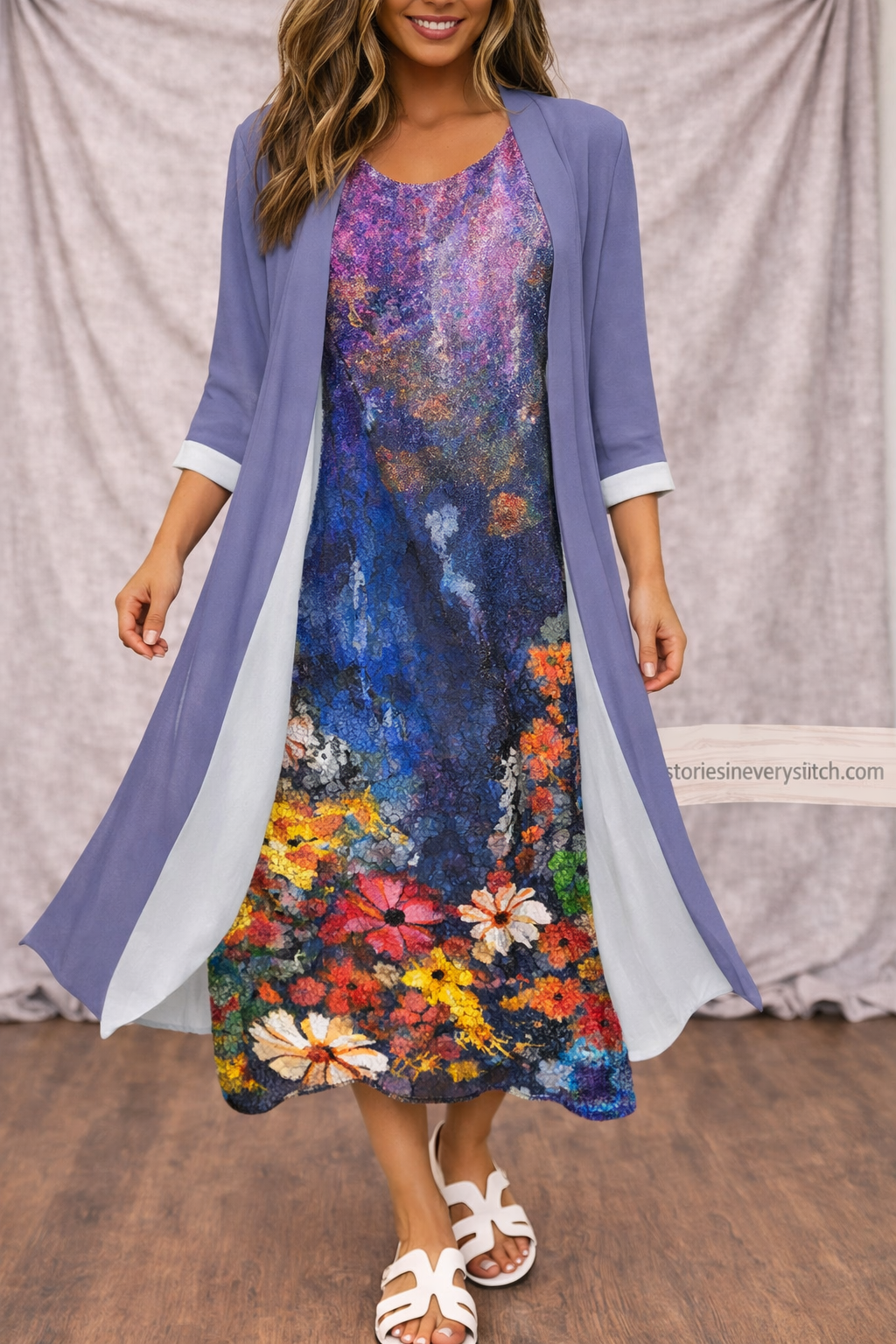 Women’s Floral Layered Midi Dress – Elegant 3/4 Sleeve Casual Summer Dress