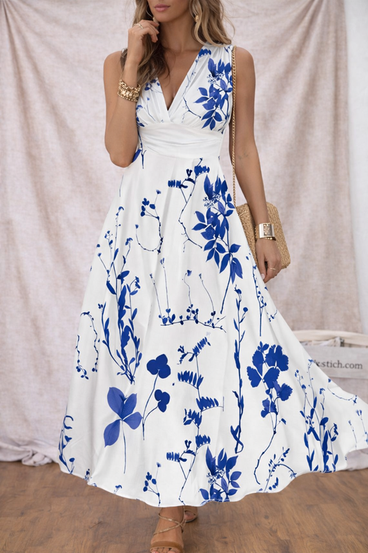 Floral Maxi Dress with V-Neck and Sleeveless Design – Relaxed Flowy Fit
