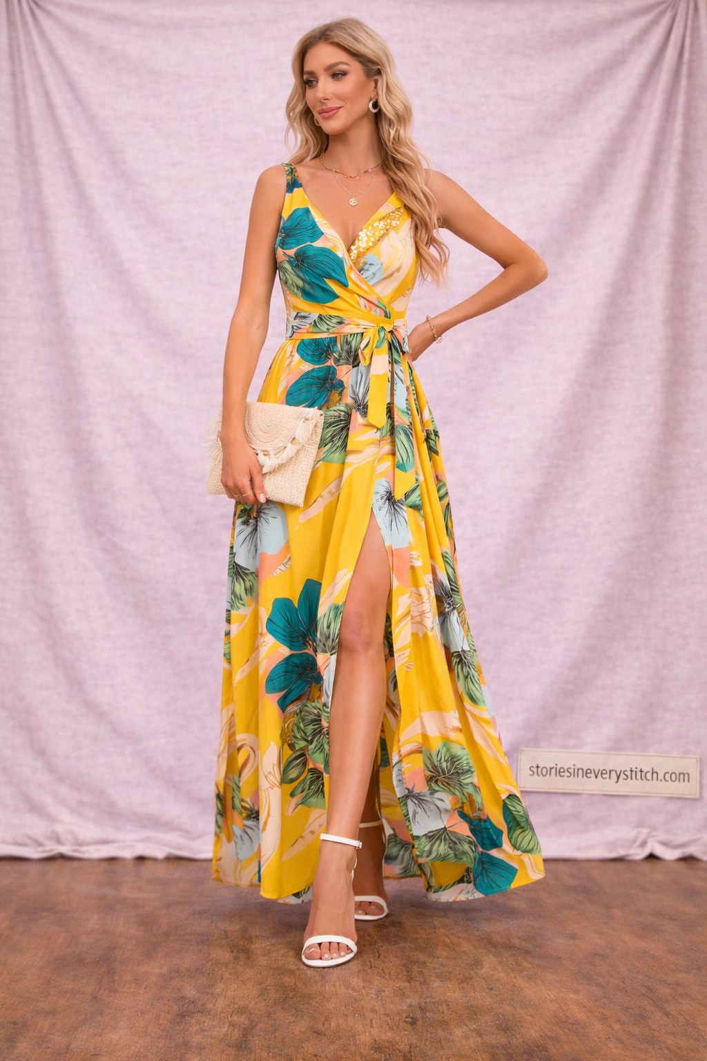 Women’s Tropical Floral Maxi Dress – Sleeveless V-Neck Summer Beach Dress