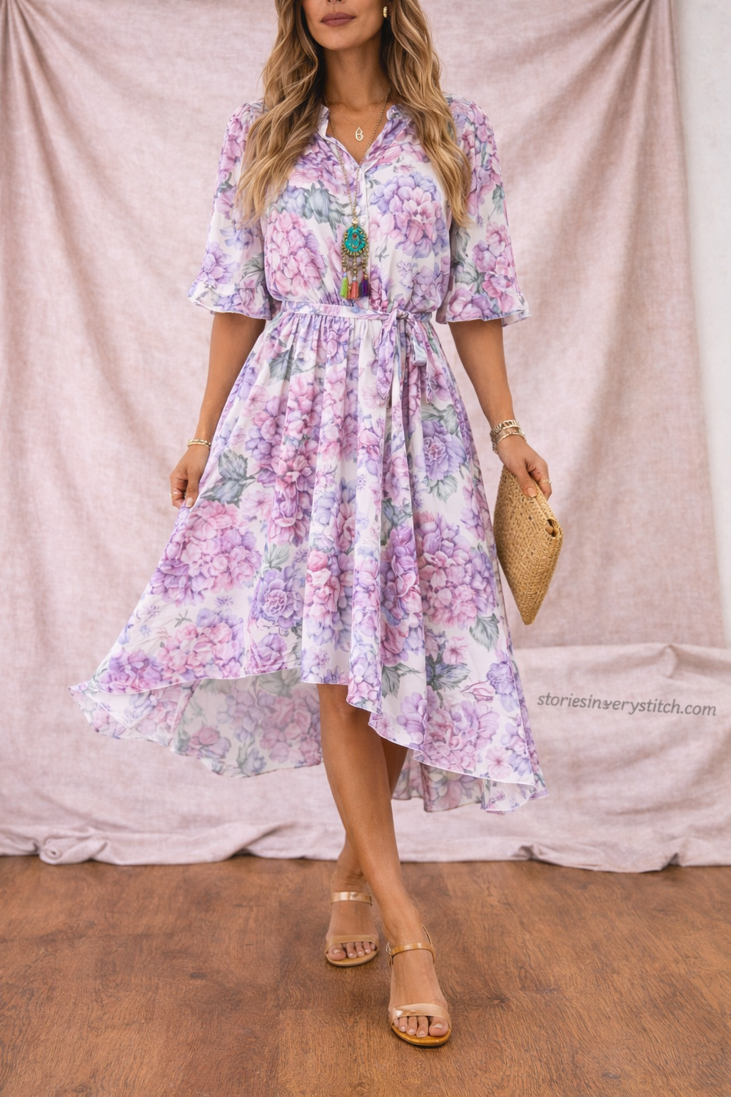 Women’s Floral Midi Dress – V-Neck Flutter Sleeve Summer Dress