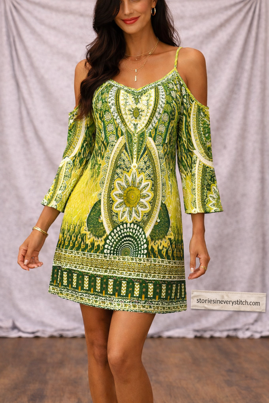 Women’s Boho Cold Shoulder Mini Dress – Off Shoulder Printed Summer Dress