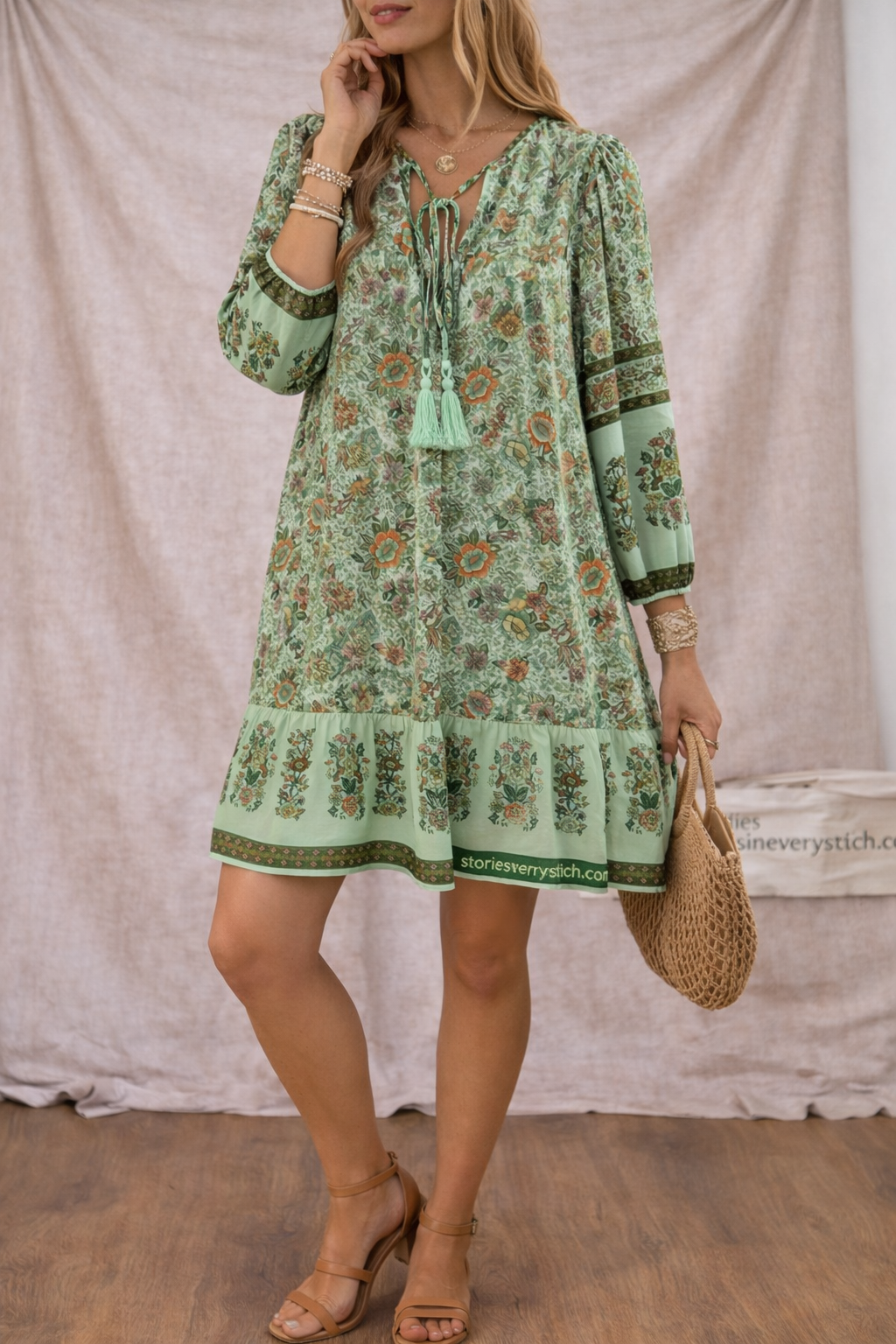Women’s Boho Printed Mini Dress – V-Neck Long Sleeve Casual Dress